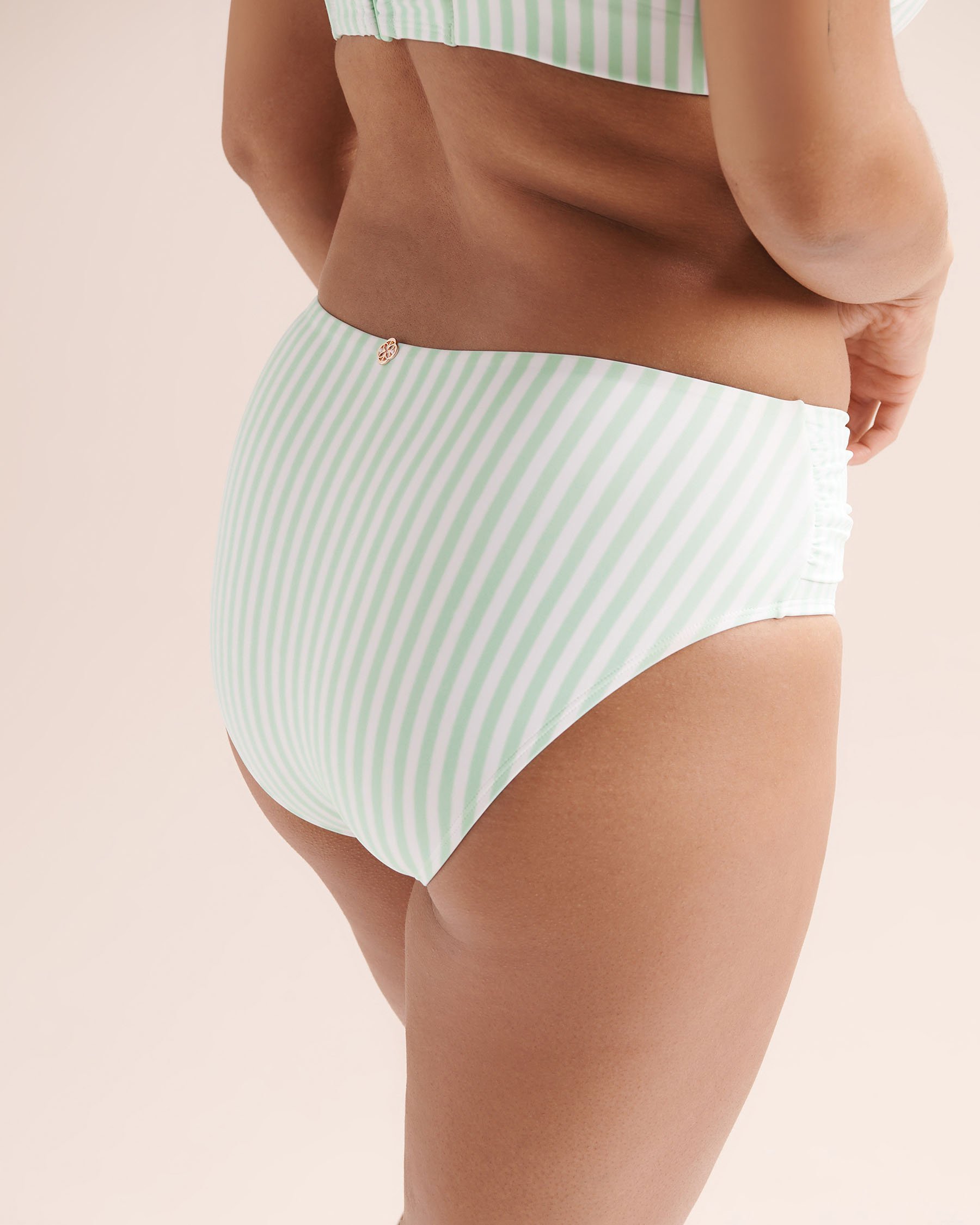 TURQUOISE COUTURE Striped Shirred Tummy Control Mid-Rise Bikini Bottom Blue 01300627 - View3