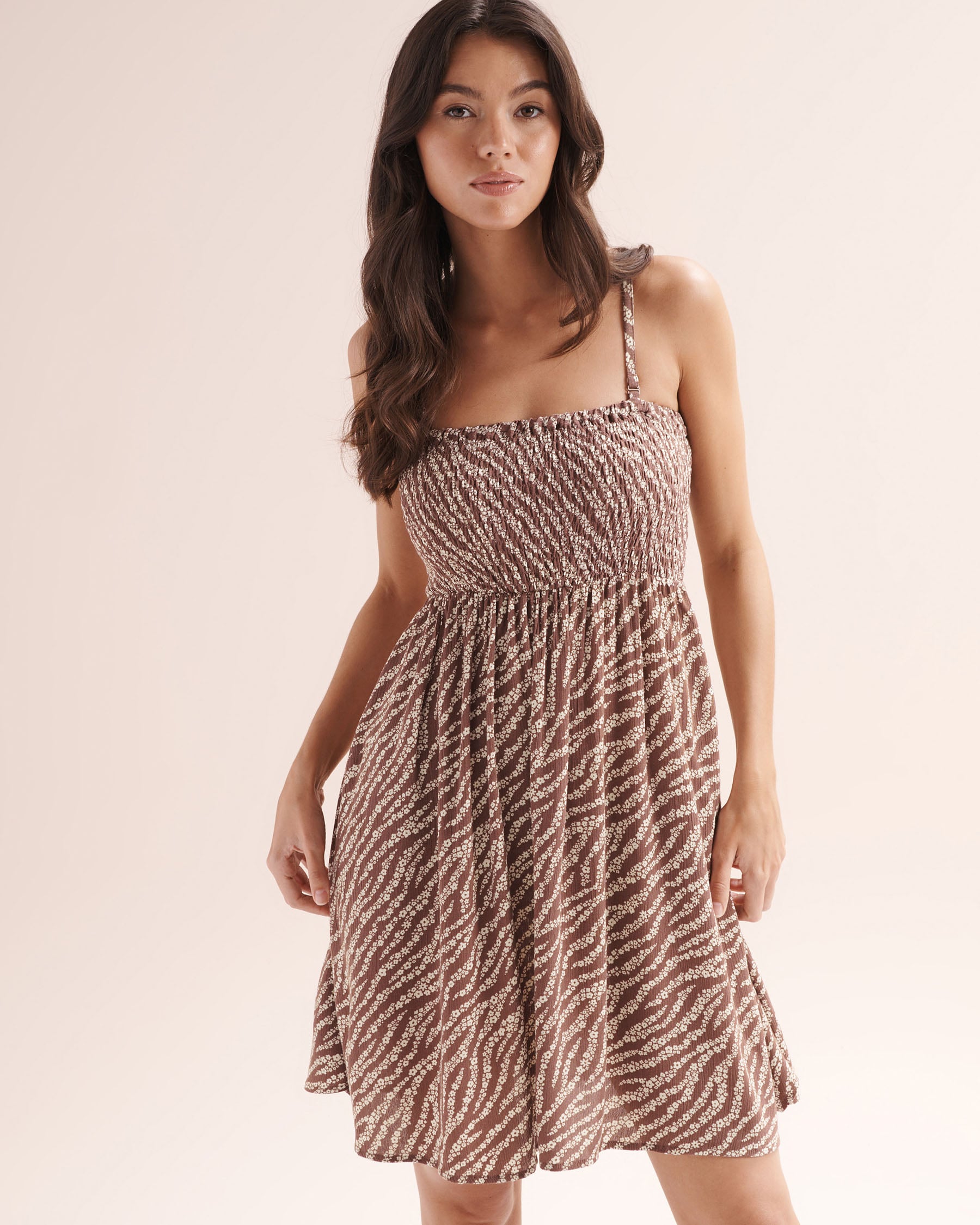 MY BIKINI STORY Zebra Floral Smocked Dress Nutmeg Brown 02300203 - View1