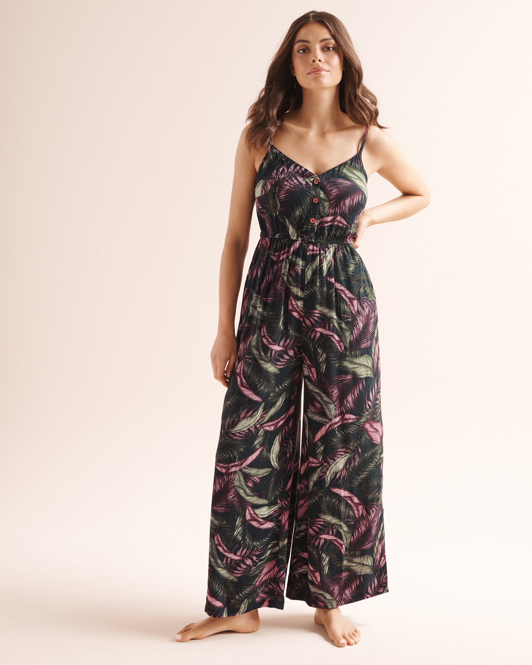 TURQUOISE COUTURE Foliage Print Jumpsuit Black, green and beige 02300209 - View1