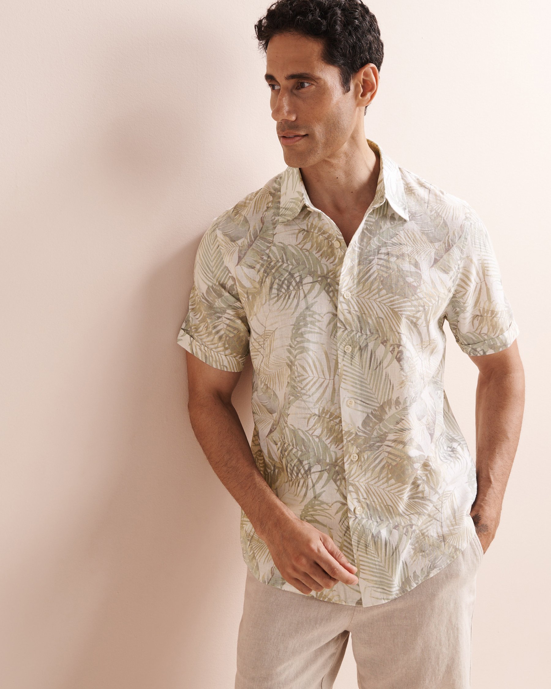 PUBLIC BEACH Chemise en mélange de lin à imprimé feuillage Blanc, beige et vert PB9213BIK - View3