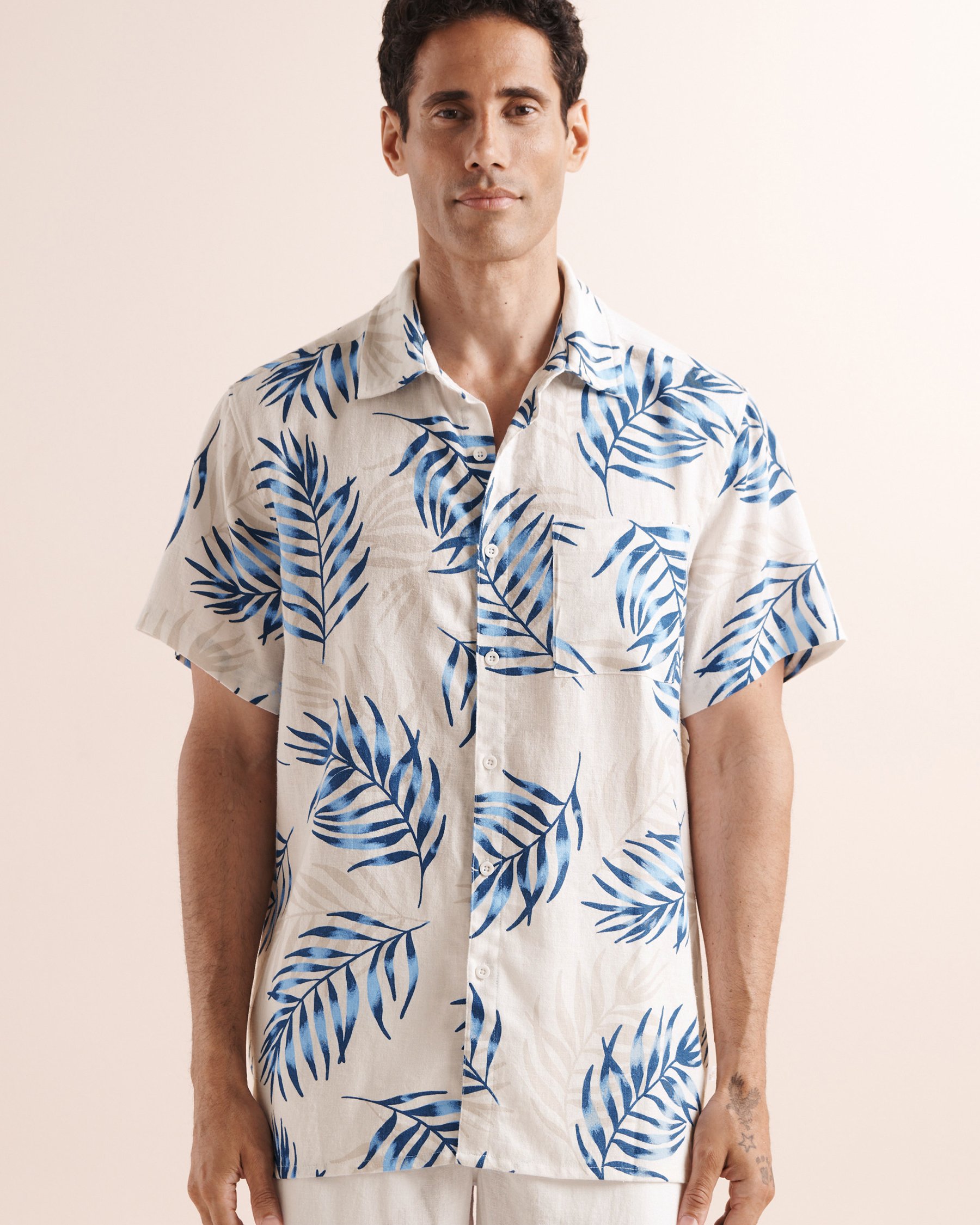 OFF THE BEACH Chemise à manches courtes en mélange de lin Bleu, beige et blanc 04100049 - View7
