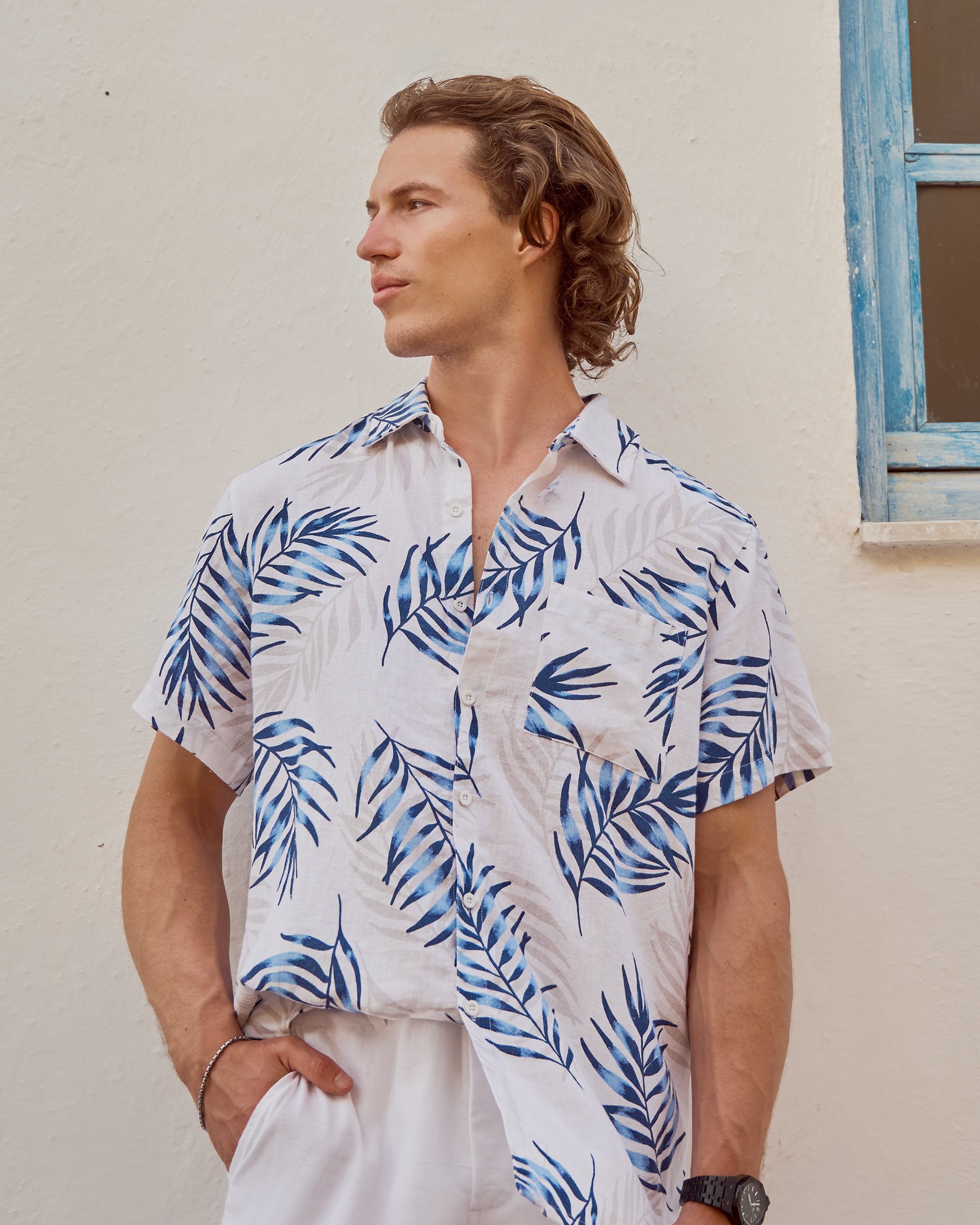 OFF THE BEACH Chemise à manches courtes en mélange de lin Bleu, beige et blanc 04100049 - View3