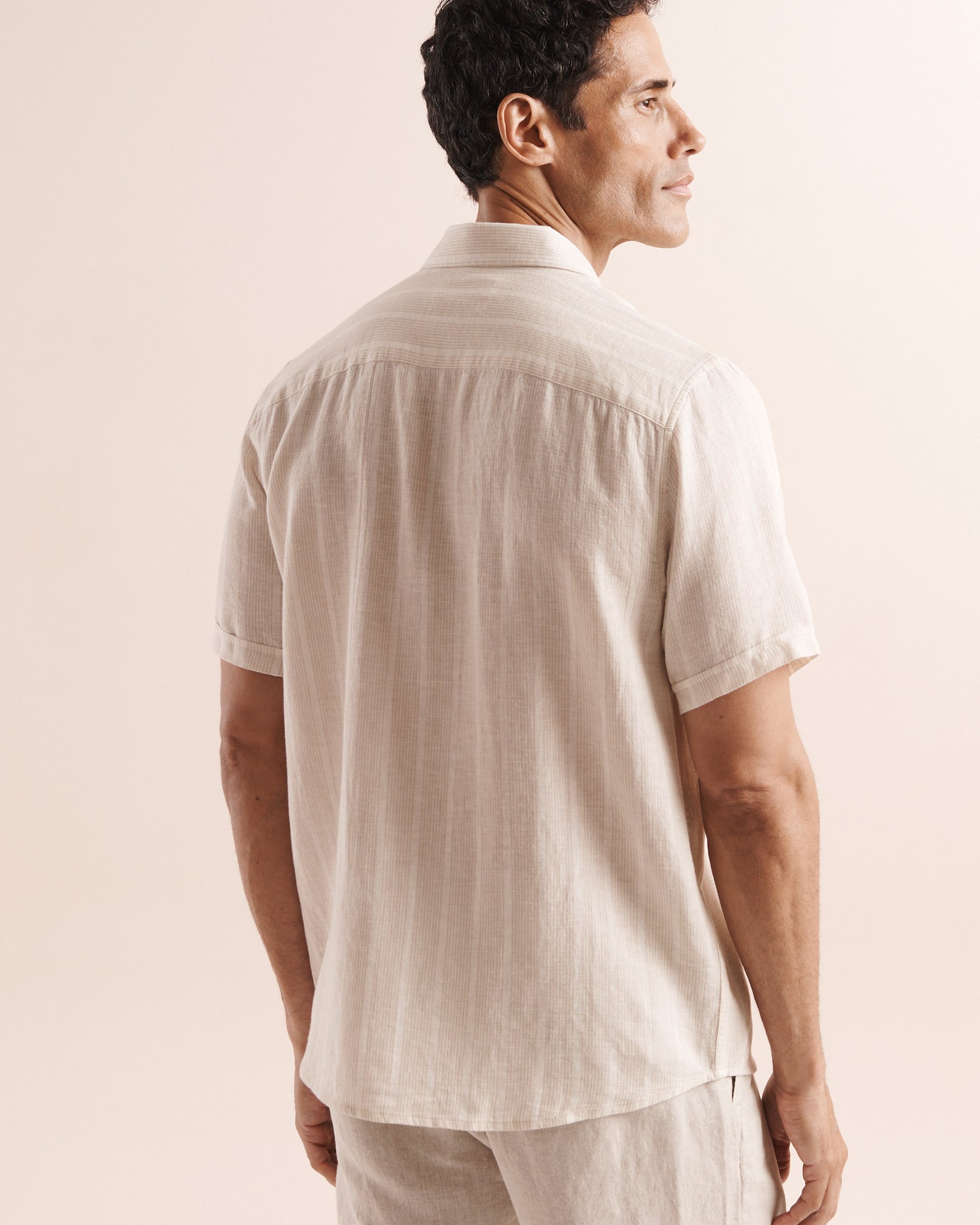 PUBLIC BEACH Chemise en mélange de lin à imprimé rayures Beige et blanc PB9218BIK - View2