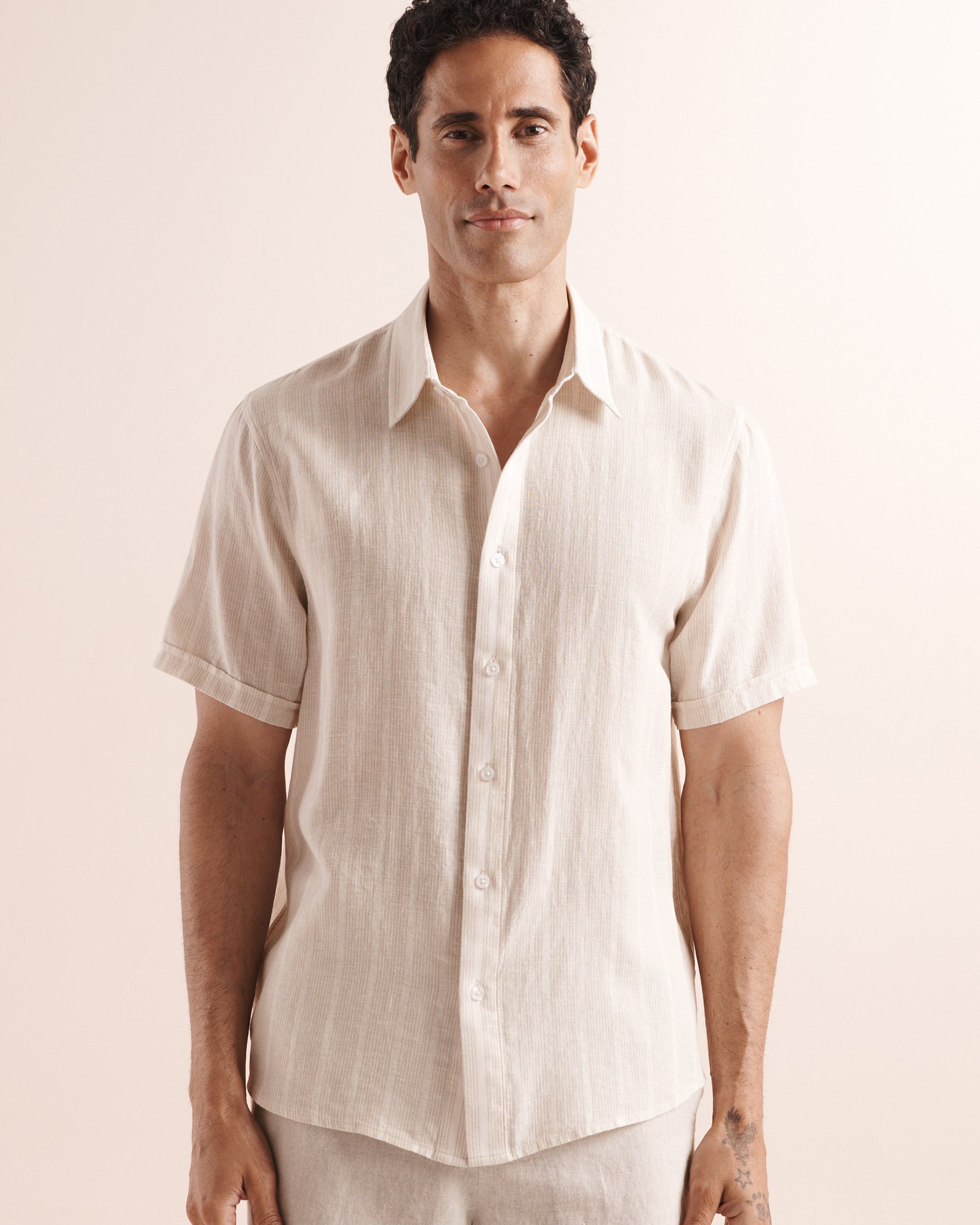 PUBLIC BEACH Chemise en mélange de lin à imprimé rayures Beige et blanc PB9218BIK - View4