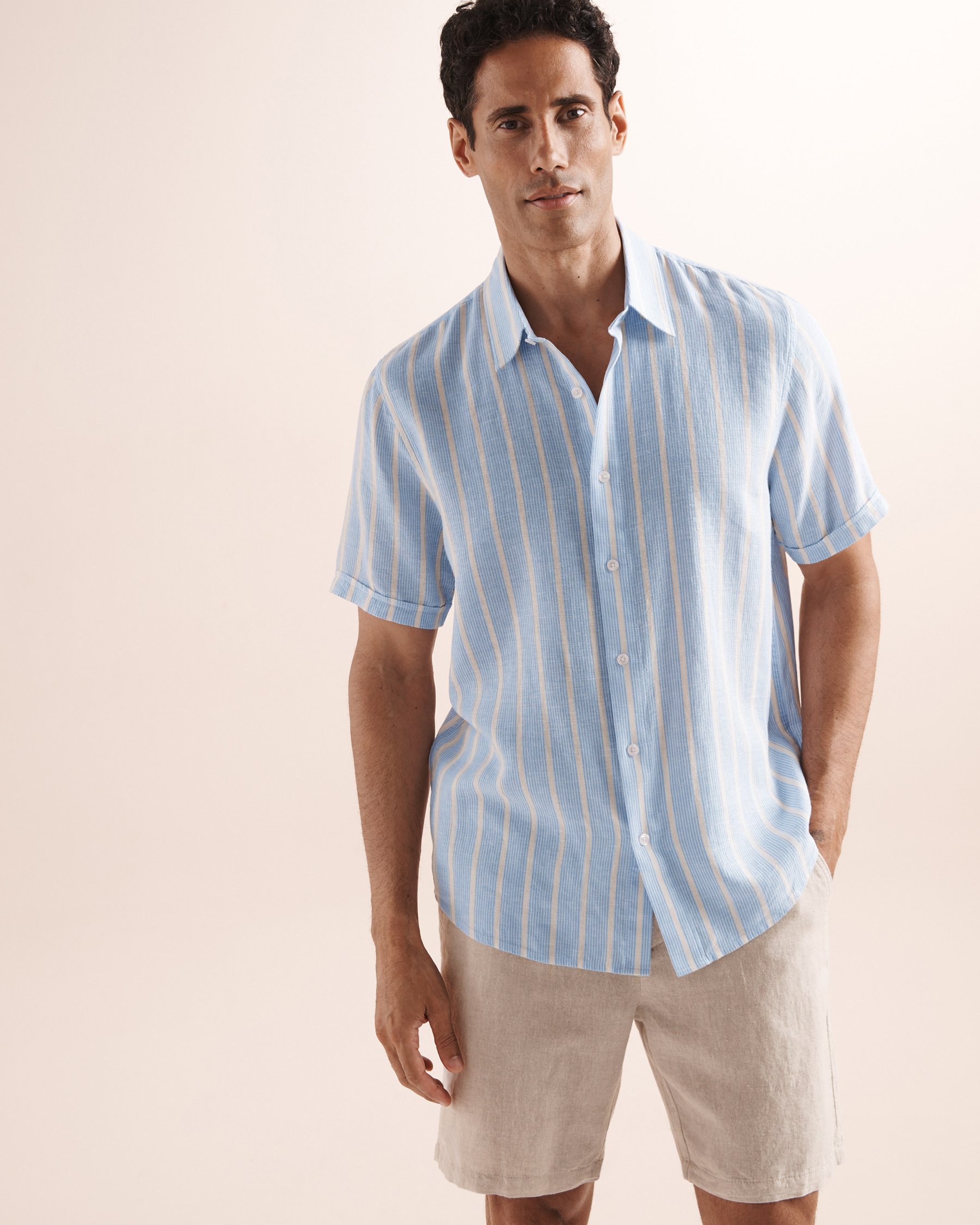 PUBLIC BEACH Chemise en mélange de lin à imprimé rayures Bleu et blanc PB9218BIK - View1