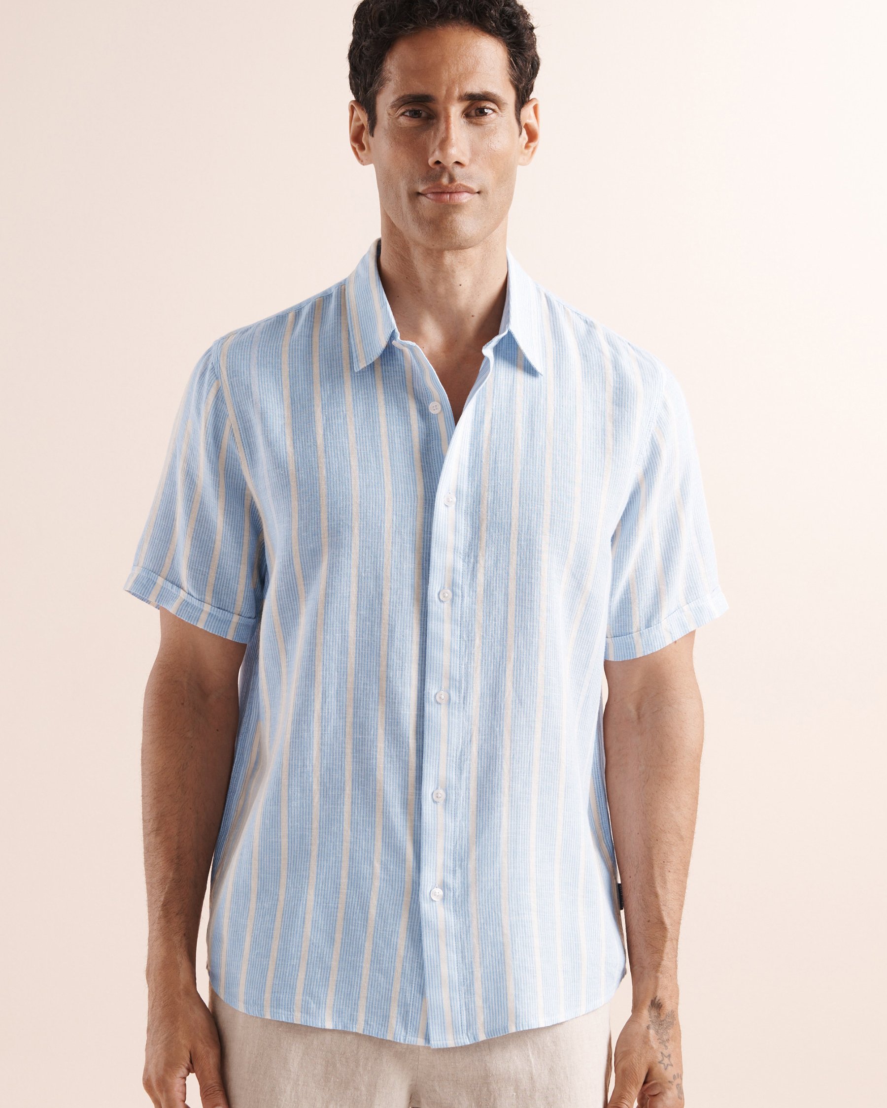 PUBLIC BEACH Chemise en mélange de lin à imprimé rayures Bleu et blanc PB9218BIK - View4