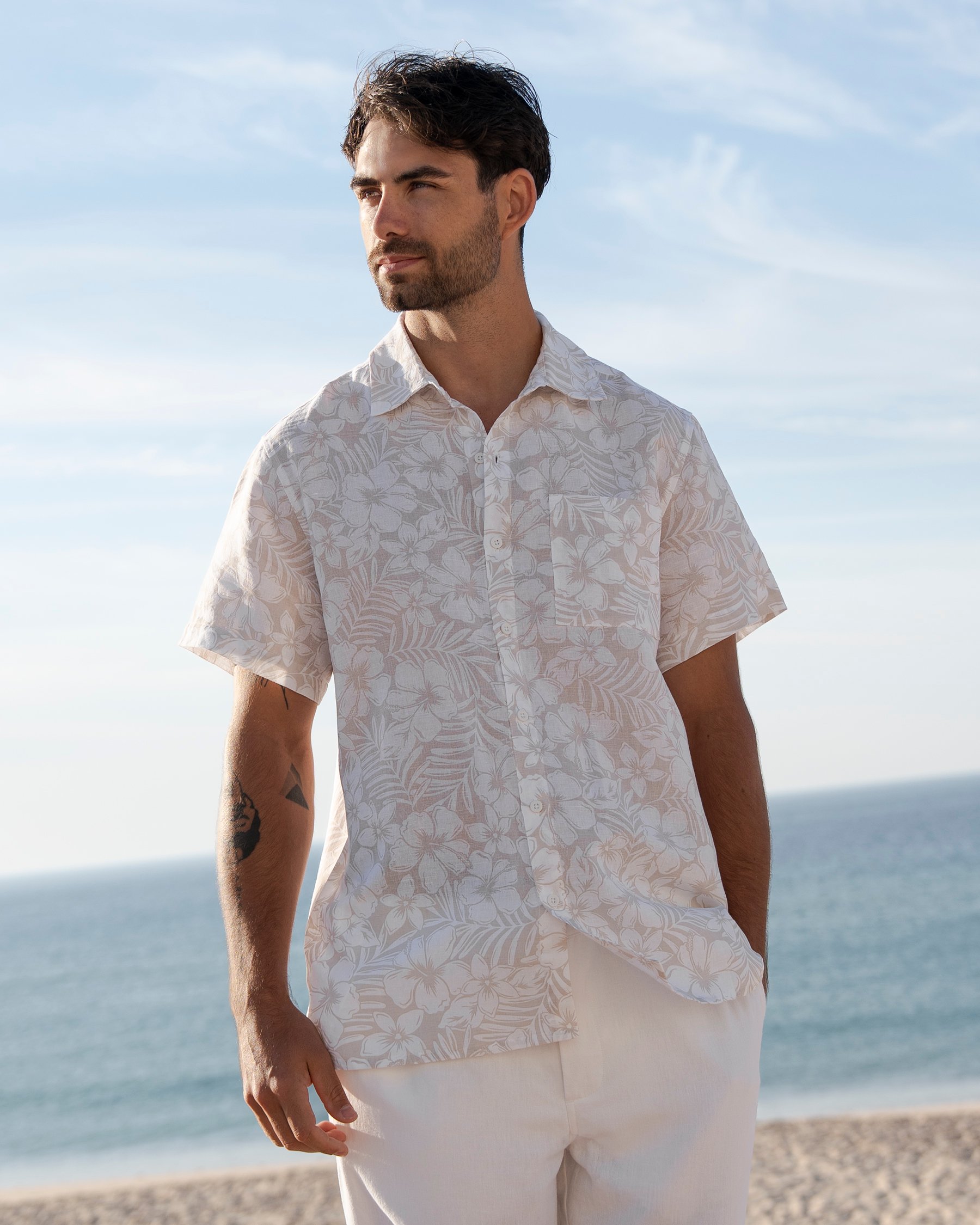 OFF THE BEACH Linen Blend Short Sleeve Shirt Beige and white 04100045 - View1