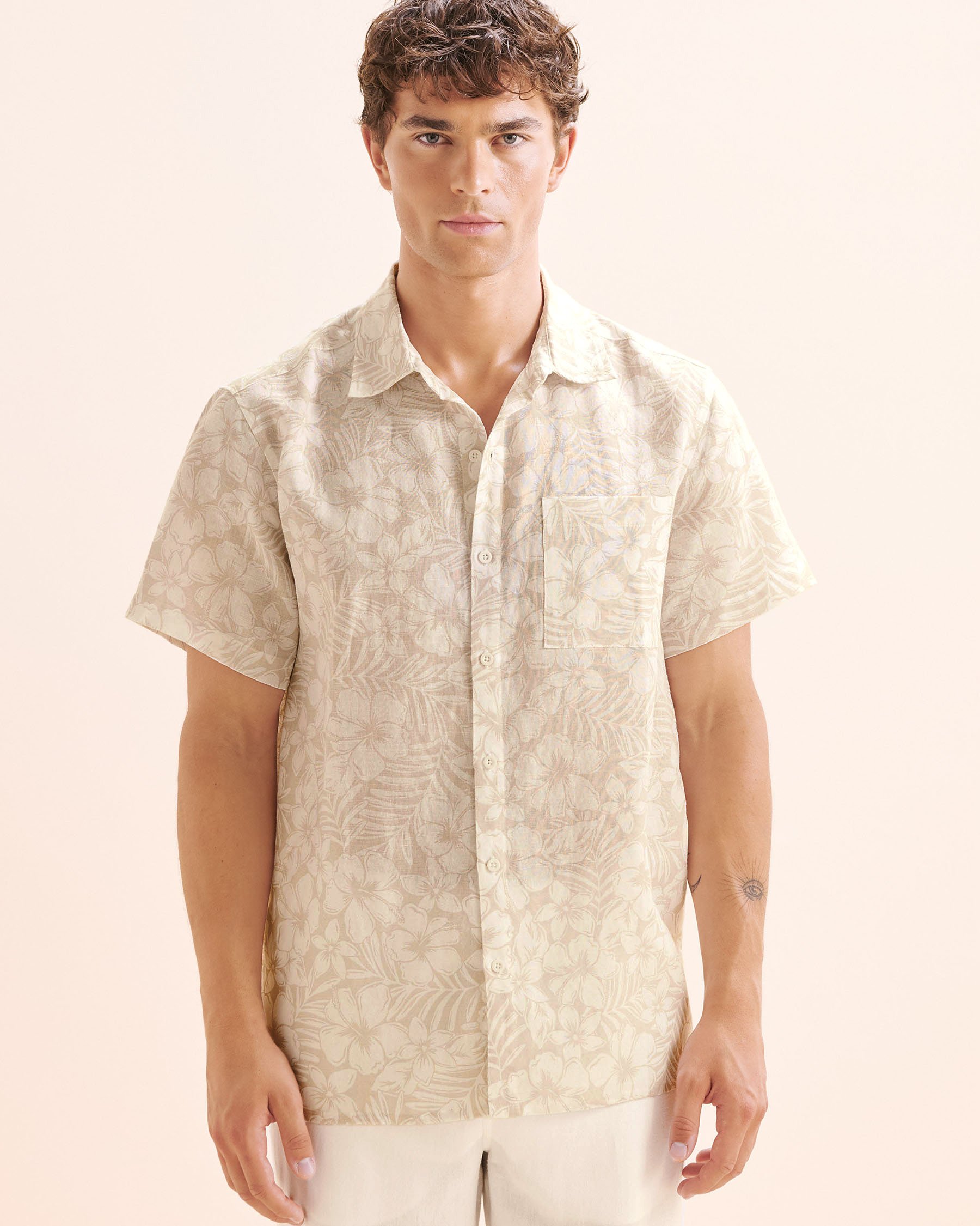 OFF THE BEACH Chemise à manches courtes en lin Beige et blanc 04100045 - Voir7