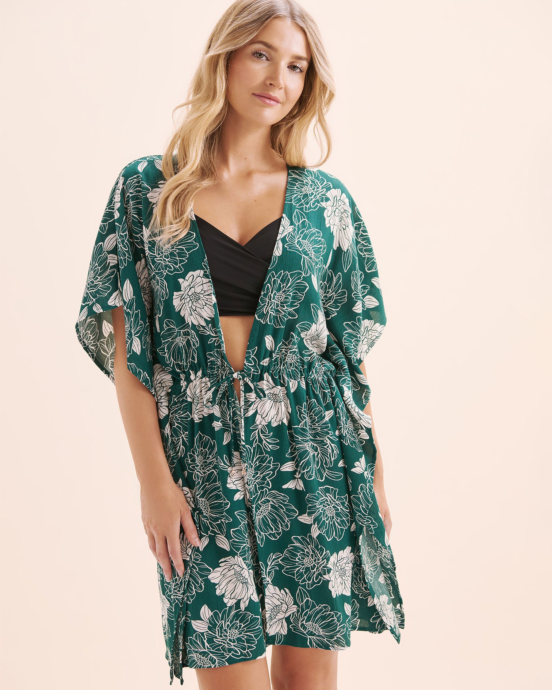 TURQUOISE COUTURE Caftan en gaze floral Vert et blanc 02400058 - View5