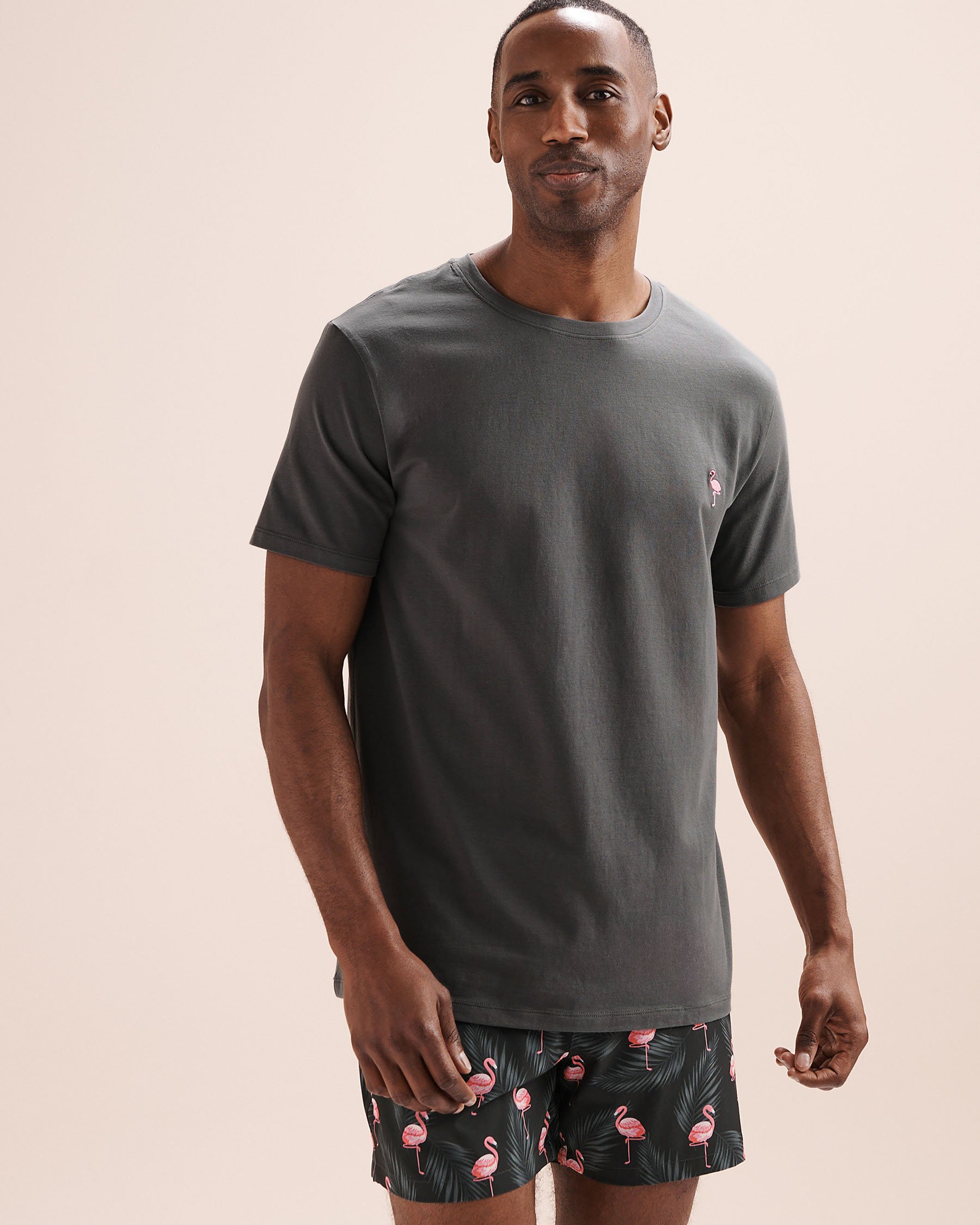 HAMABE Flamingo Embroidery T-Shirt Grey 04100057 - View1