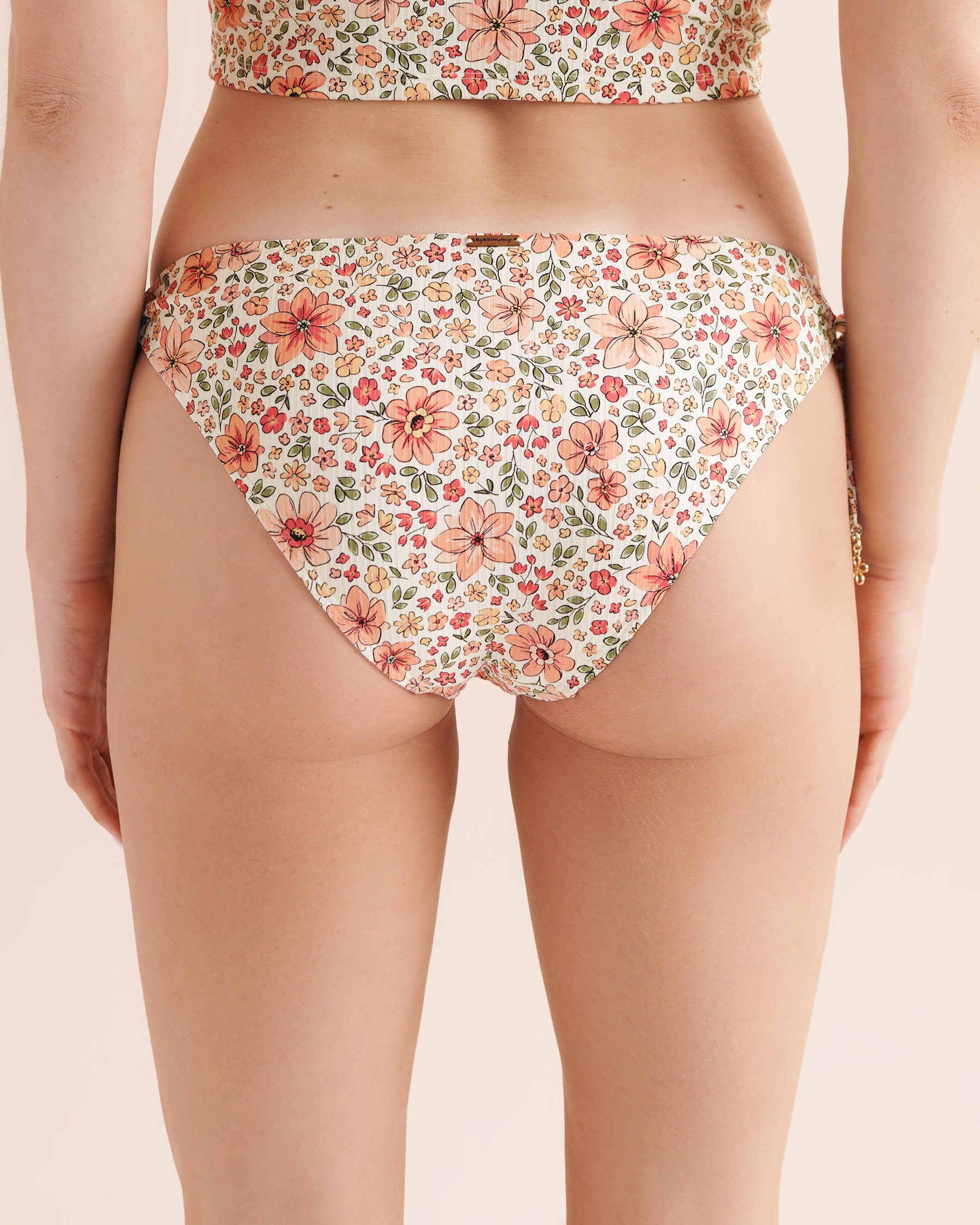 MY BIKINI STORY Floral Ribbed Side Tie Low-Rise Brazilian Bikini Bottom White 01300576 - View3