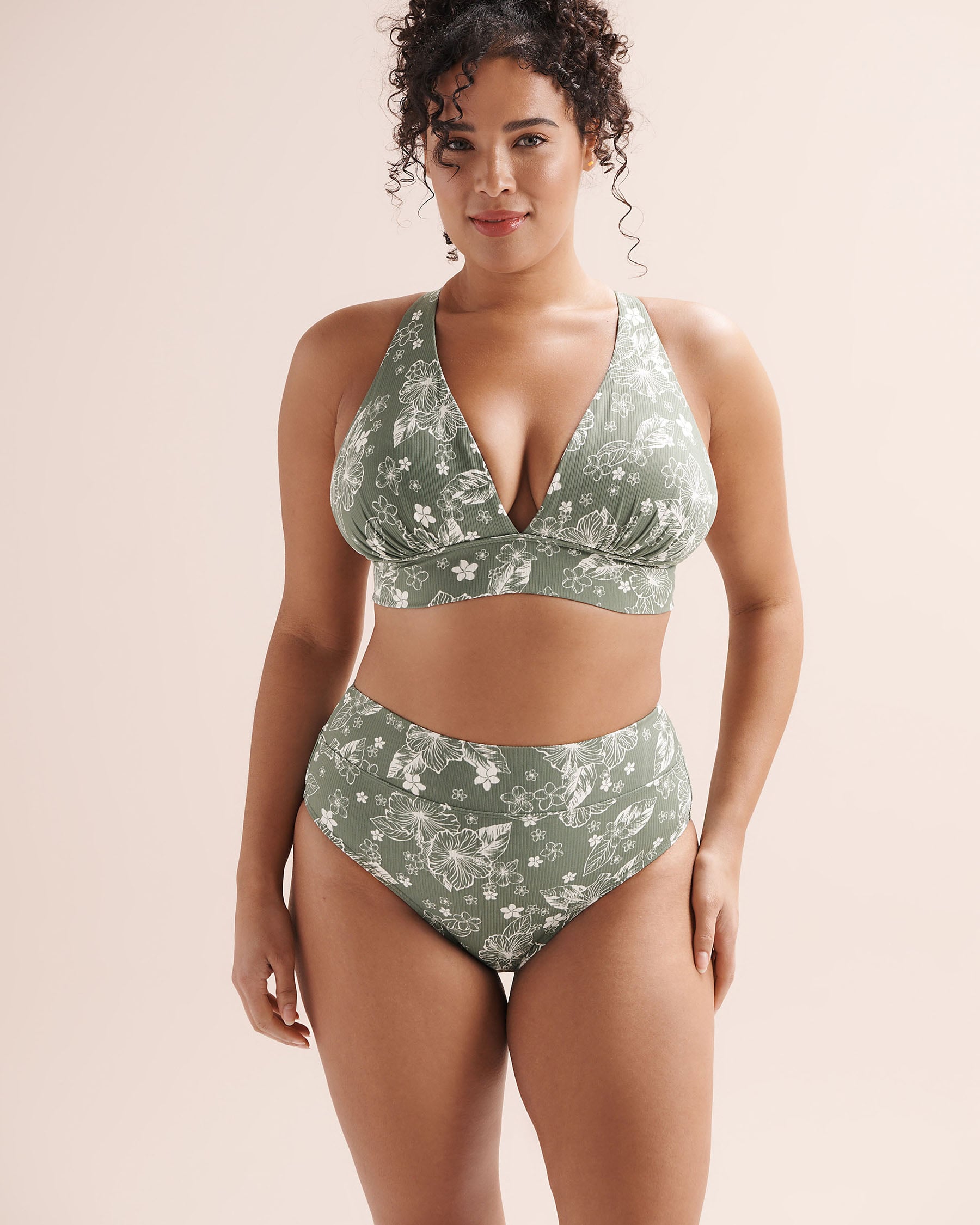 EAU DE SEA Bas de bikini taille haute gainant côtelé à motif floral Vert 01300596 - View4
