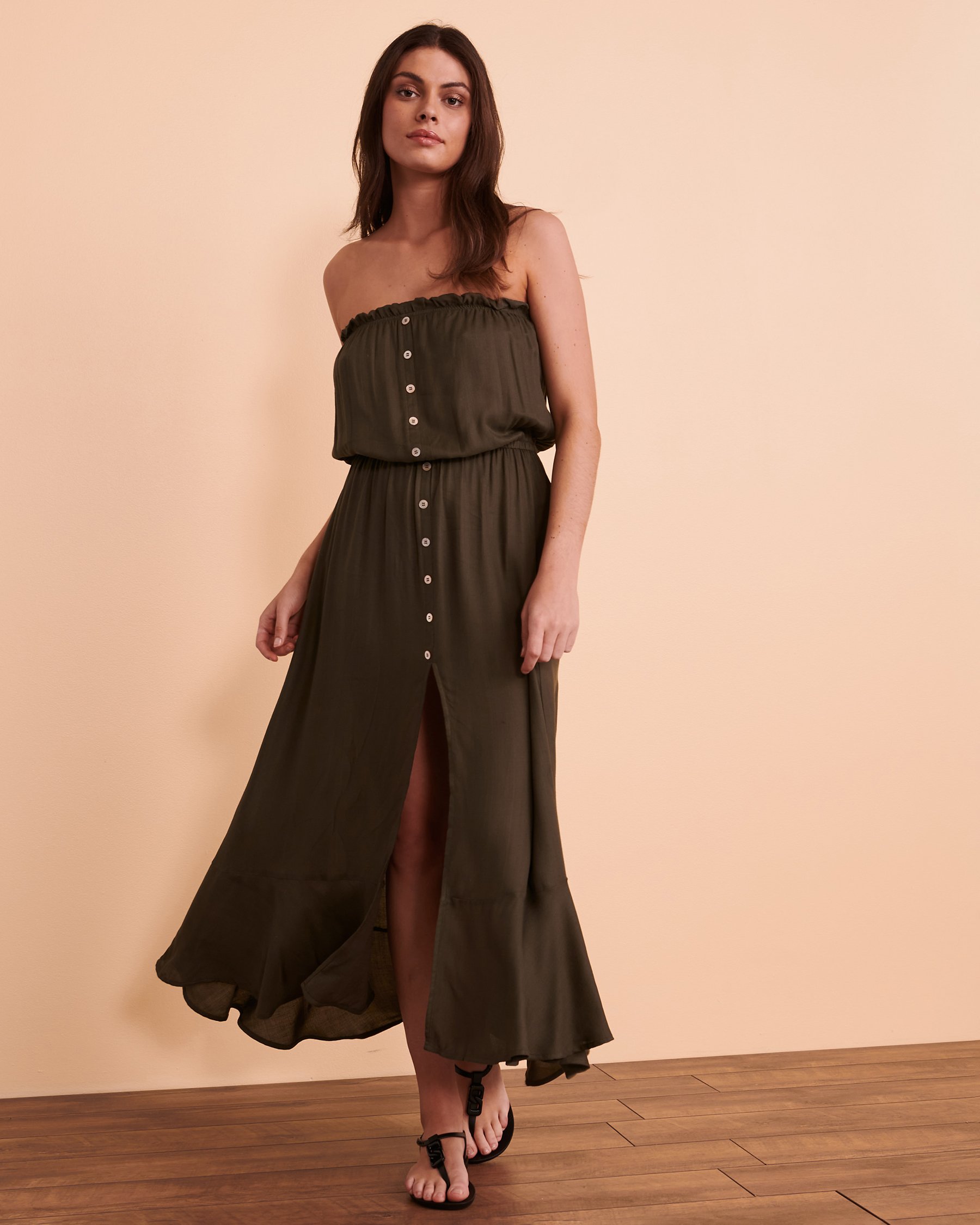 TURQUOISE COUTURE Bandeau Dress with Buttons Olive 02300058 - View3