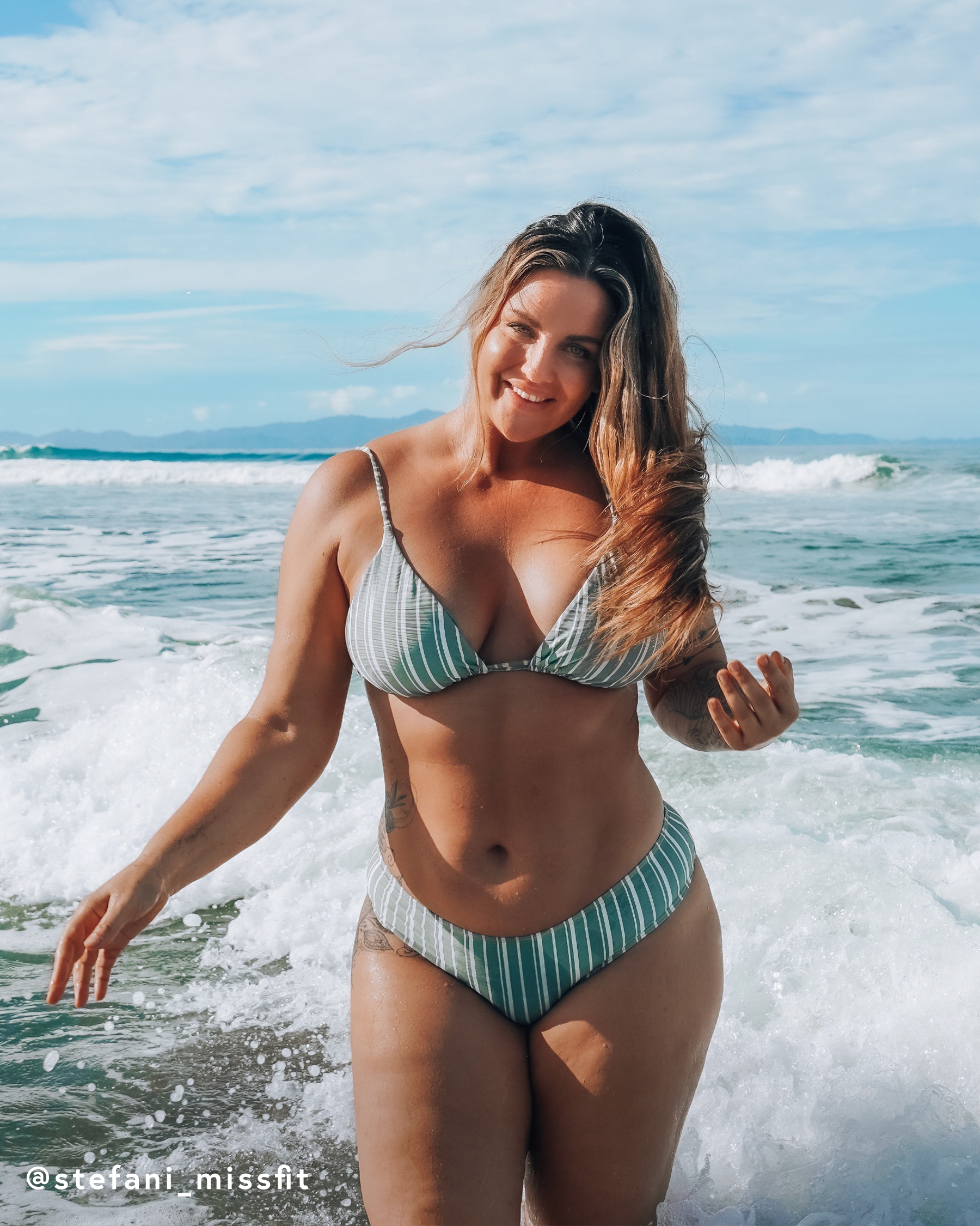 TROPIK Textured STRIPES Triangle Bikini Top Green stripe 01100226 - View1