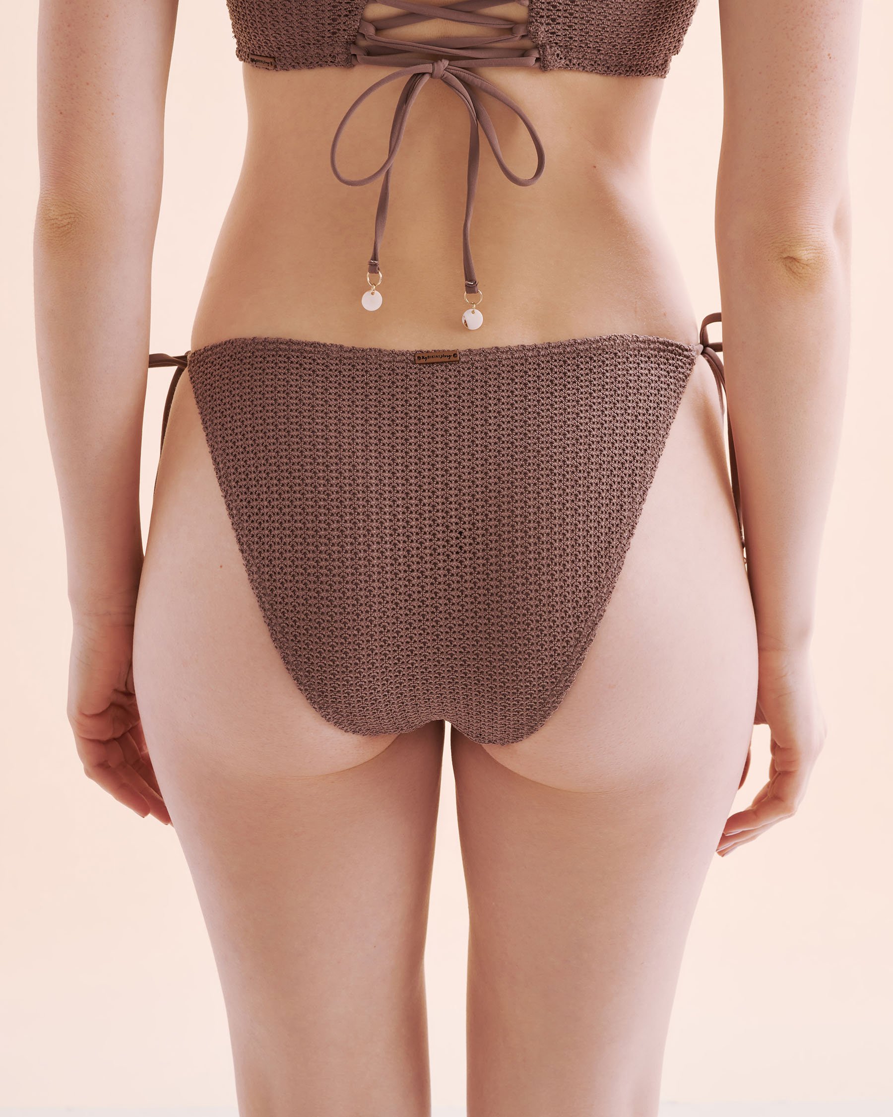 MY BIKINI STORY Earthly Boho Crochet Low Rise Brazilian Bikini Bottom Deep Taupe Brown 01300401 - View2