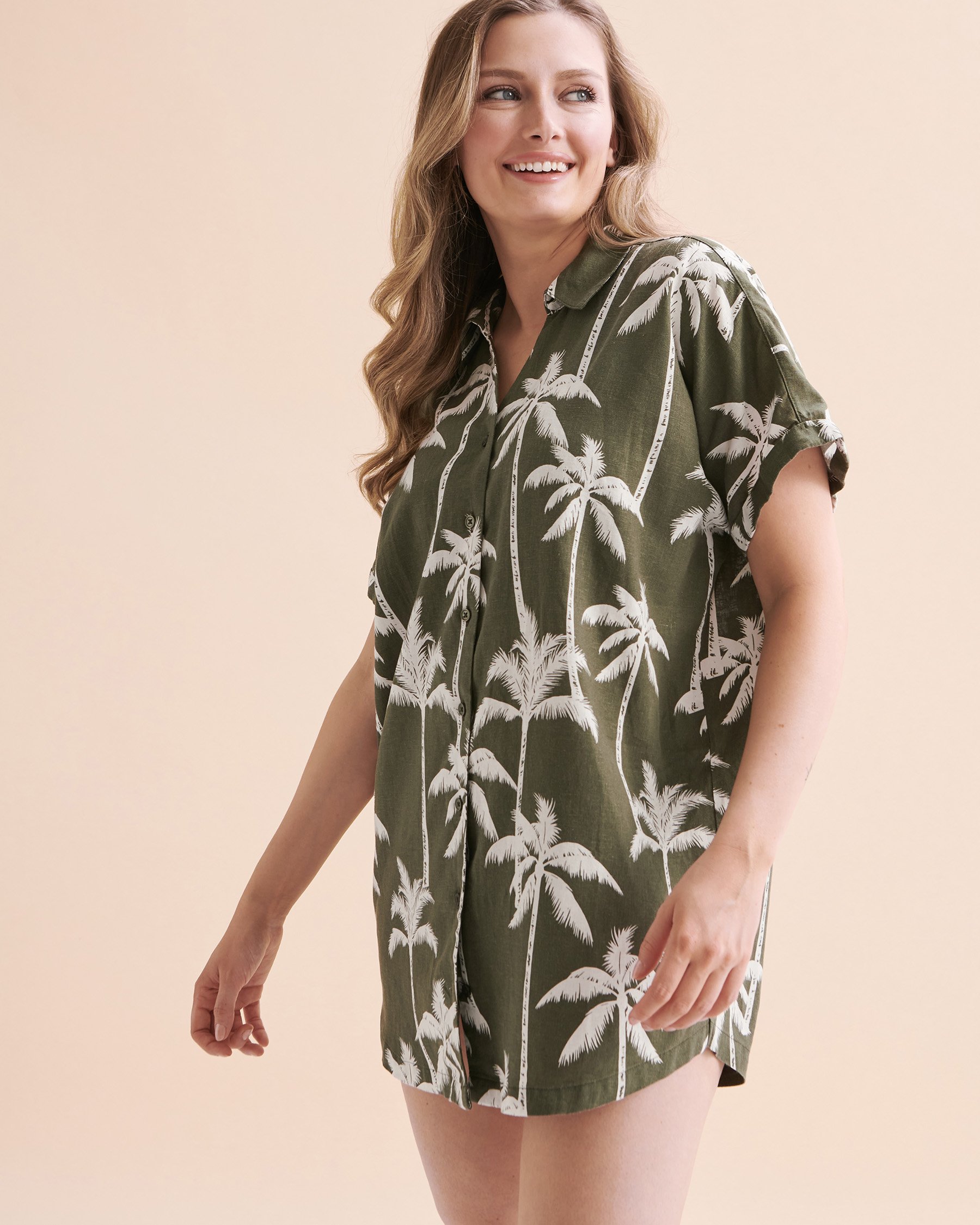 TURQUOISE COUTURE Short Sleeve Long Shirt Khaki Palm Tree 02100022 - View3