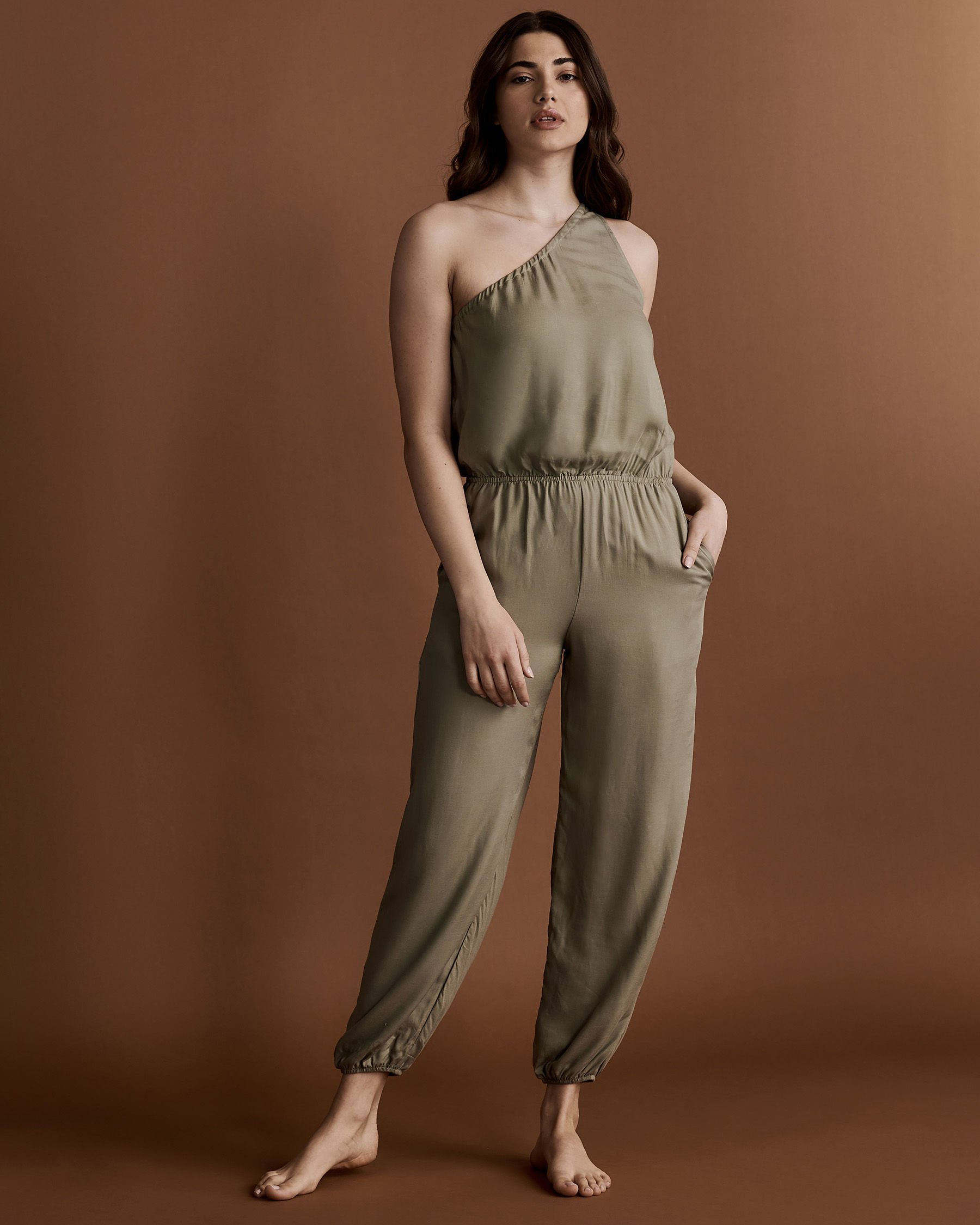 KIBYS One Shoulder Jumpsuit Olive 8452-W - View1
