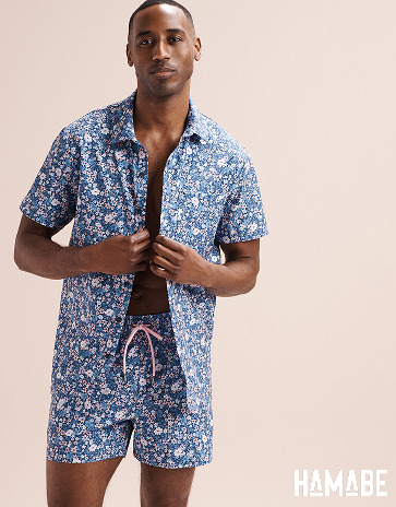 Man wearing a floral shirt from Hamabe.