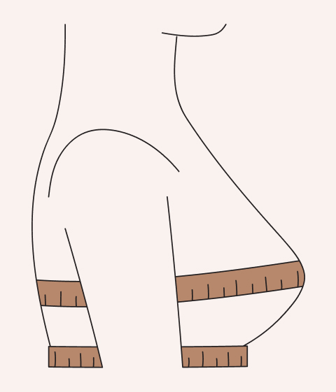 How-to image showing a measuring tape wrapped around the bust to take a bust measurement. 