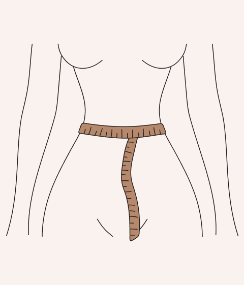 How-to image showing a measuring tape wrapped around the waist to take a waist measurement. 