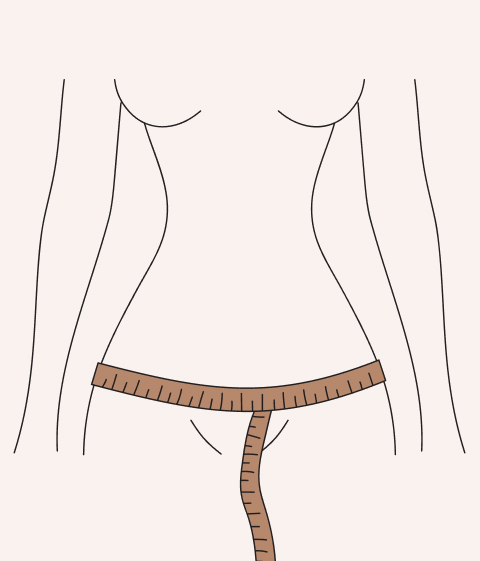 How-to image showing a measuring tape wrapped around the hips to take a hip measurement. 