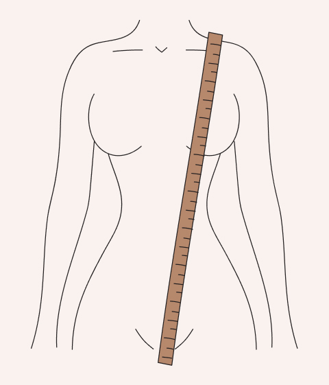 How-to image showing a measuring tape wrapped around the torso to take a torso measurement. 
