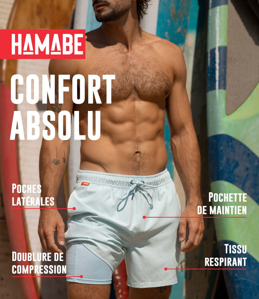 Homme devant des planches de surf et portant un maillot bleu de la marque Hamabe.
