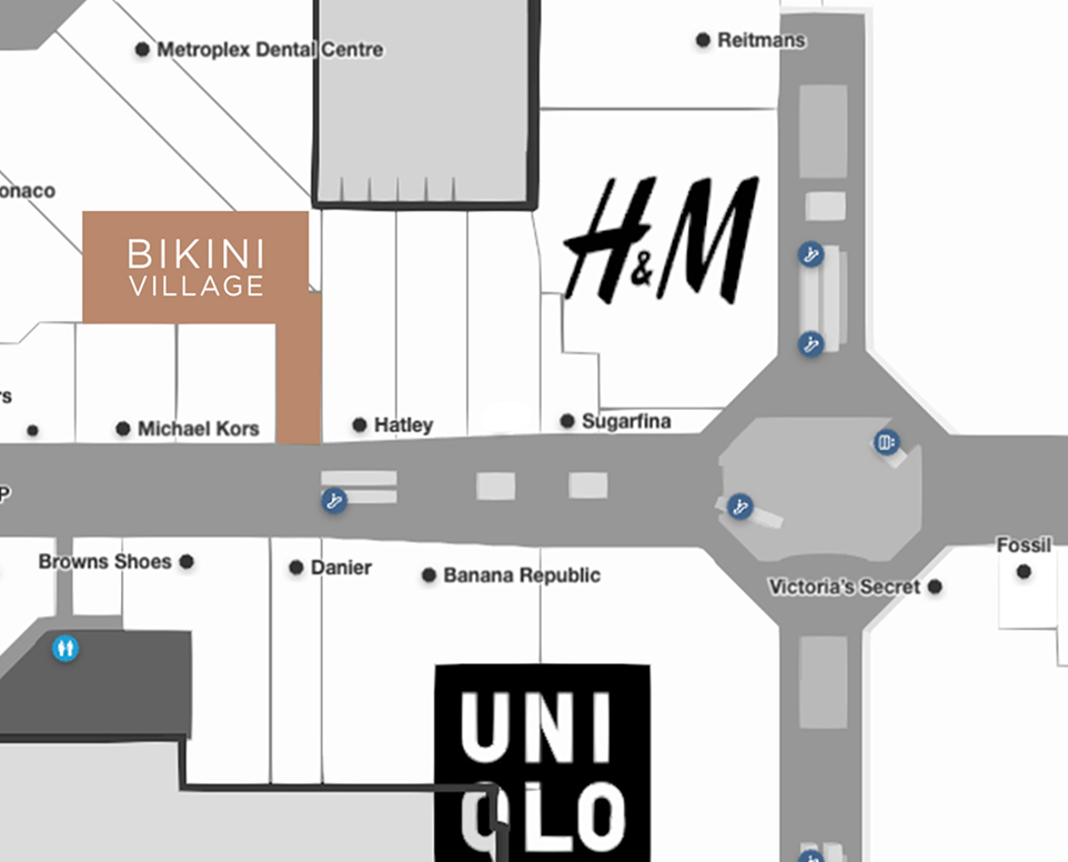Map of Metropolis at Metrotown - Where to find Bikini Village