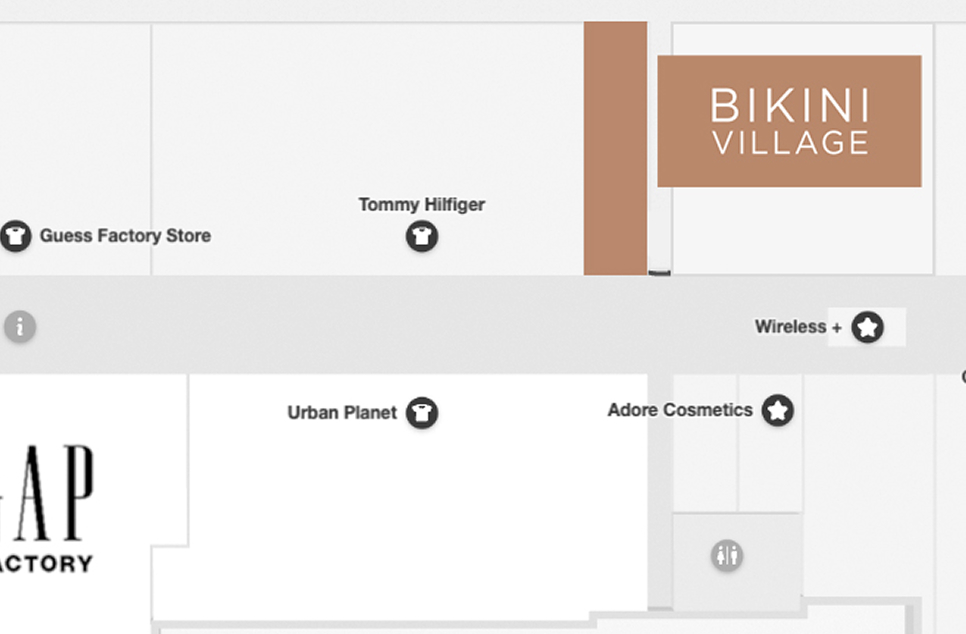 Carte des Outlets Tanger Cookstown - où trouver la boutique Bikini Village