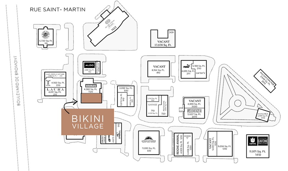Carte du Carrefour Champêtre de Bromont - où trouver la boutique Bikini Village