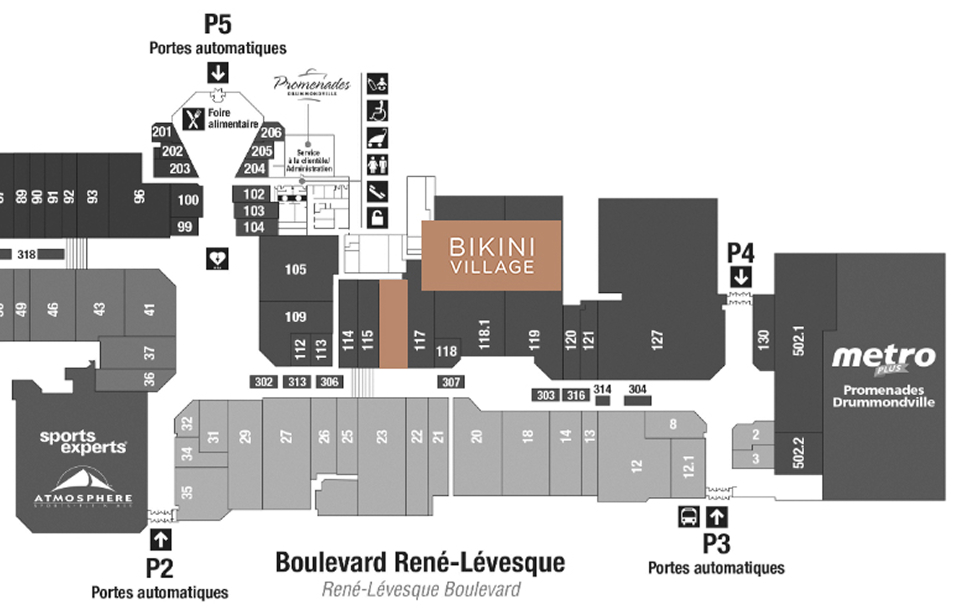 Map of Promenades Drummondville - Where to find Bikini Village