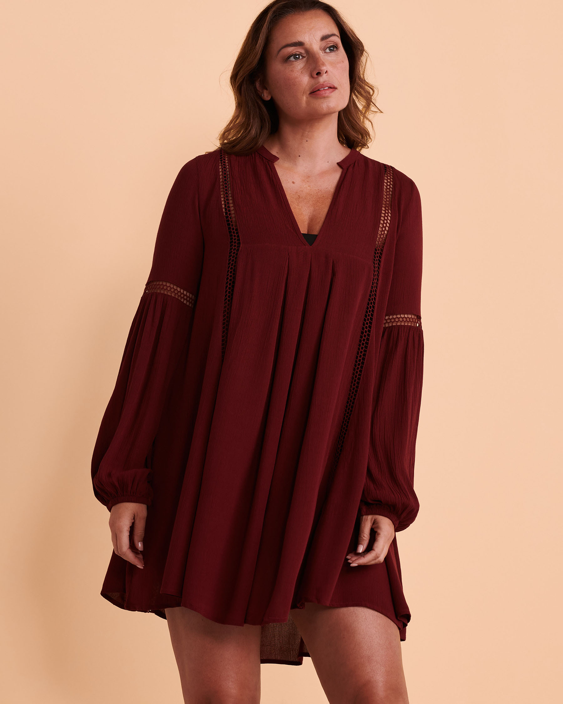 TURQUOISE COUTURE Long Sleeve Dress with Crochet Detail Red wine 02300073 - View1