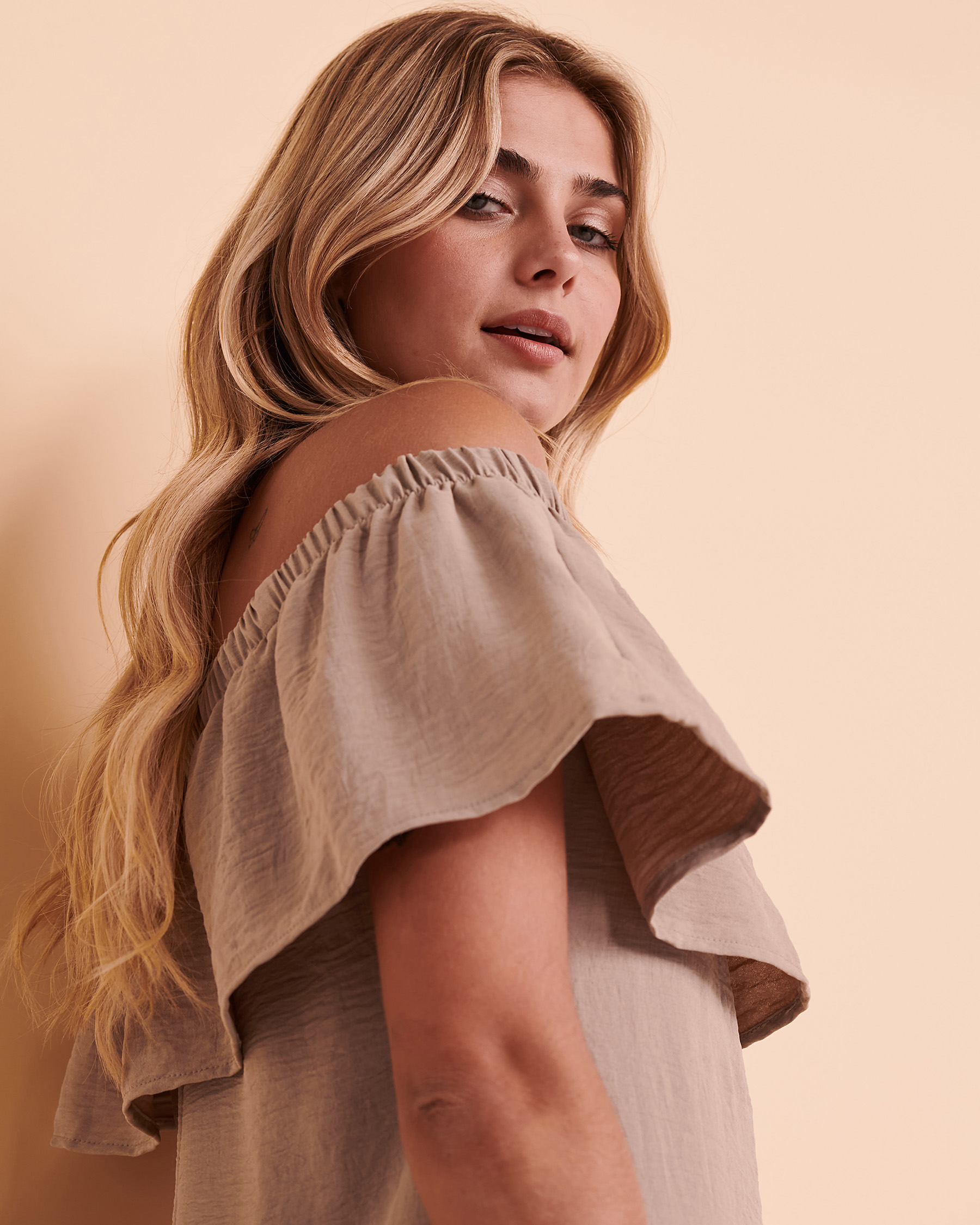 COVER ME Off the Shoulder Dress Tan Bikini Village