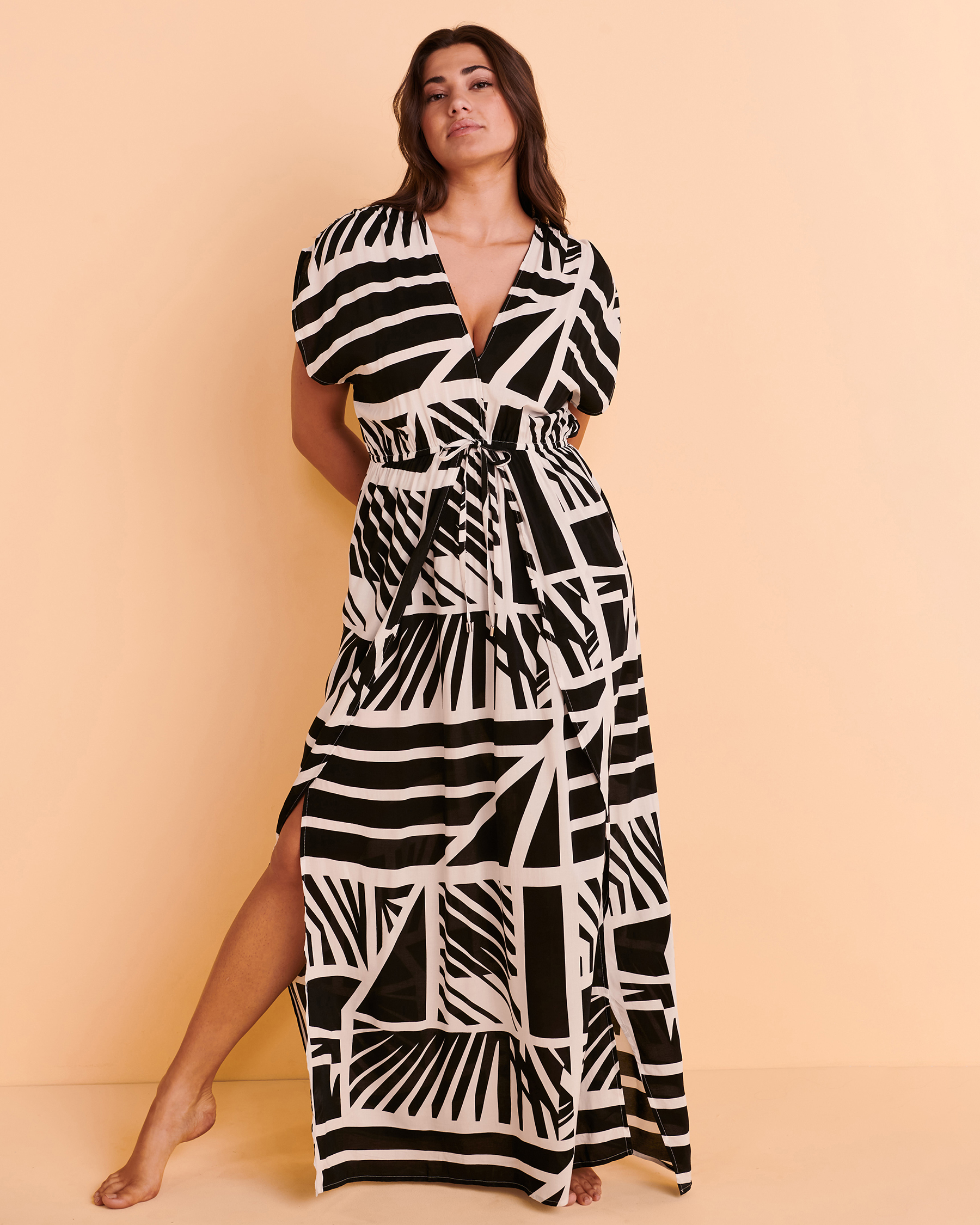 ELAN Maxi Deep V-neck Dress Black and white print RYP5014 - View3