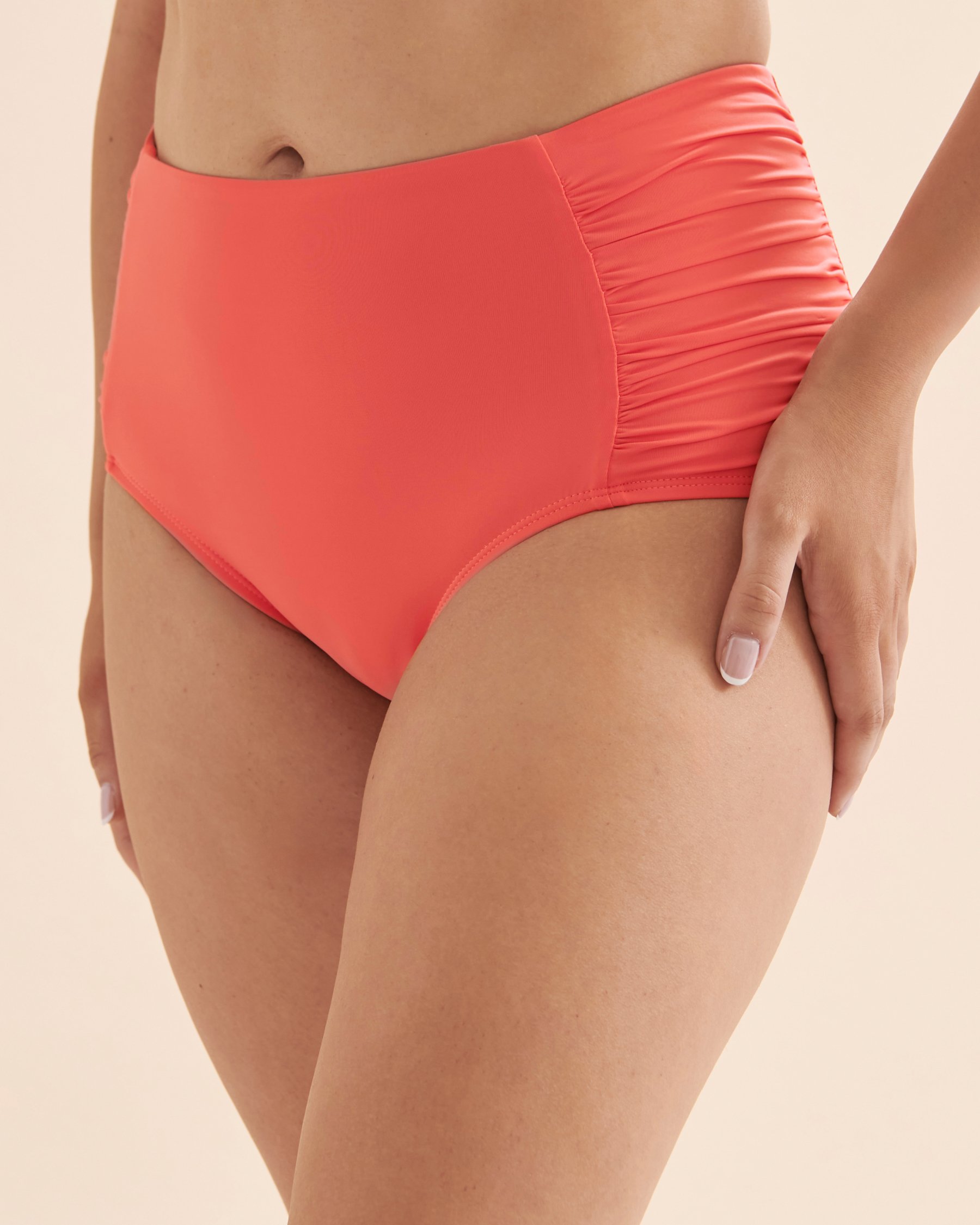 JANTZEN Solid Side Shirred High Waist Bikini Bottom - Peach