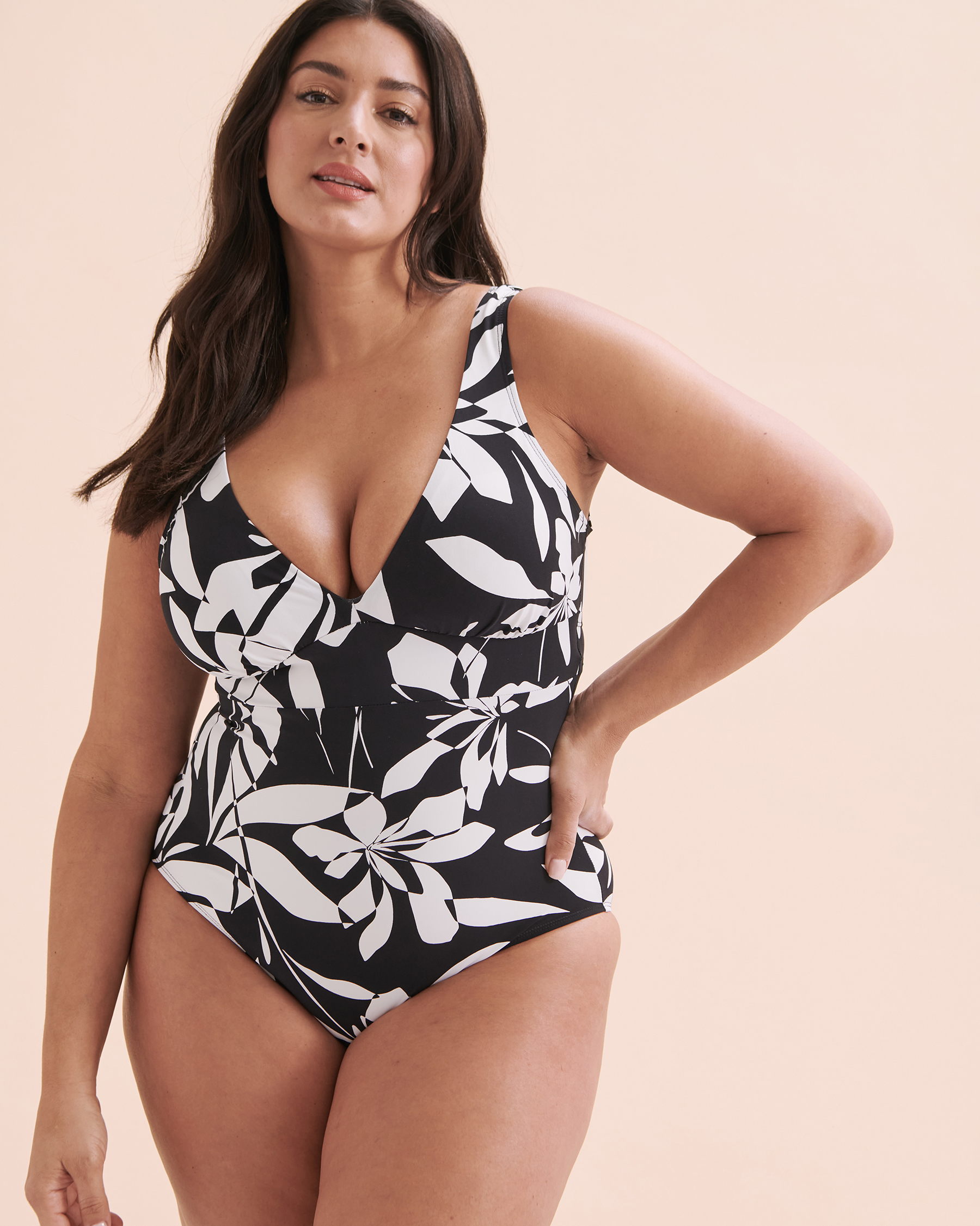 CHRISTINA Graphic Art Plunge One-piece Swimsuit Black and White Floral 30GA5014 - View4