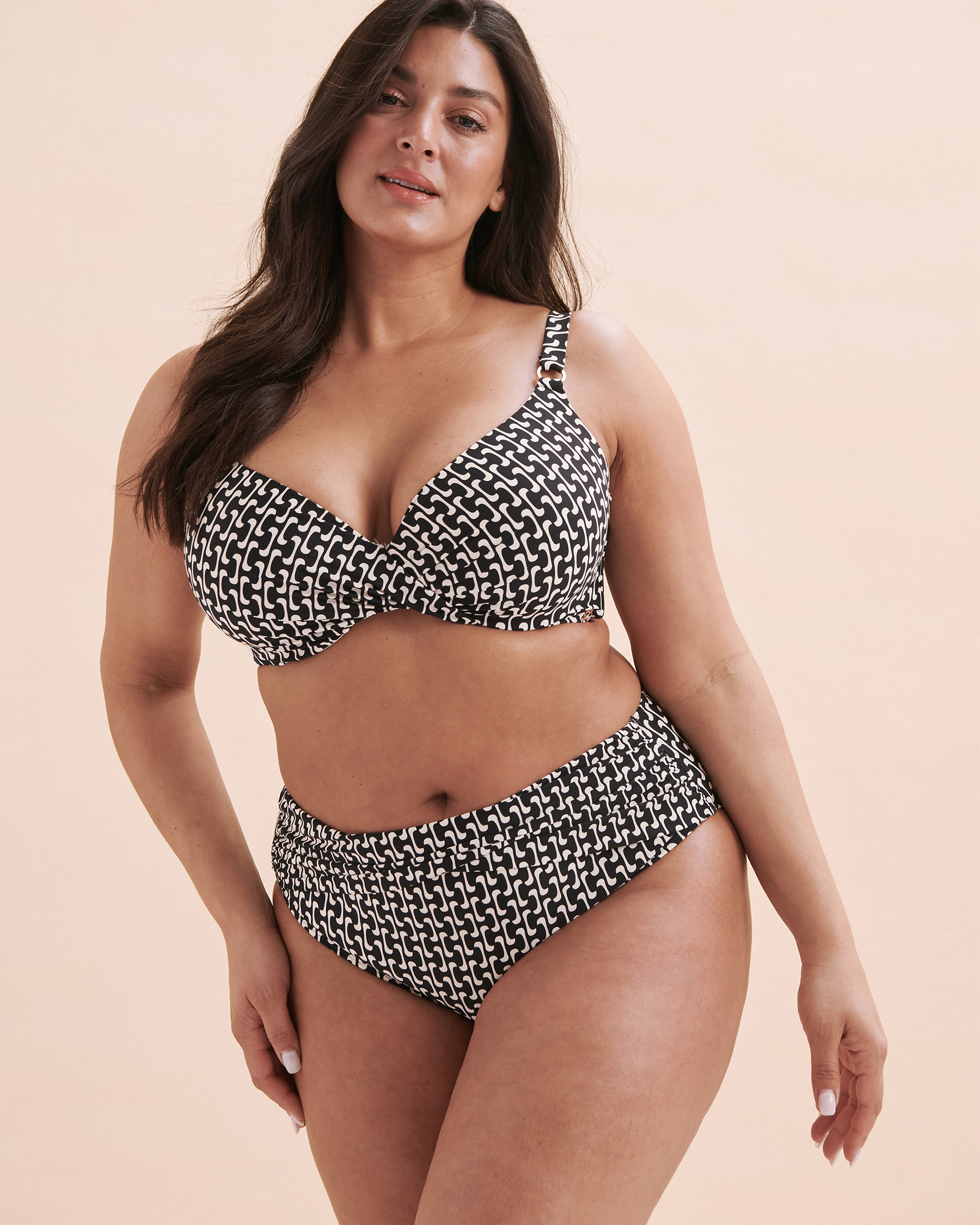 Black Geometric D Cup Plunge Bikini Top