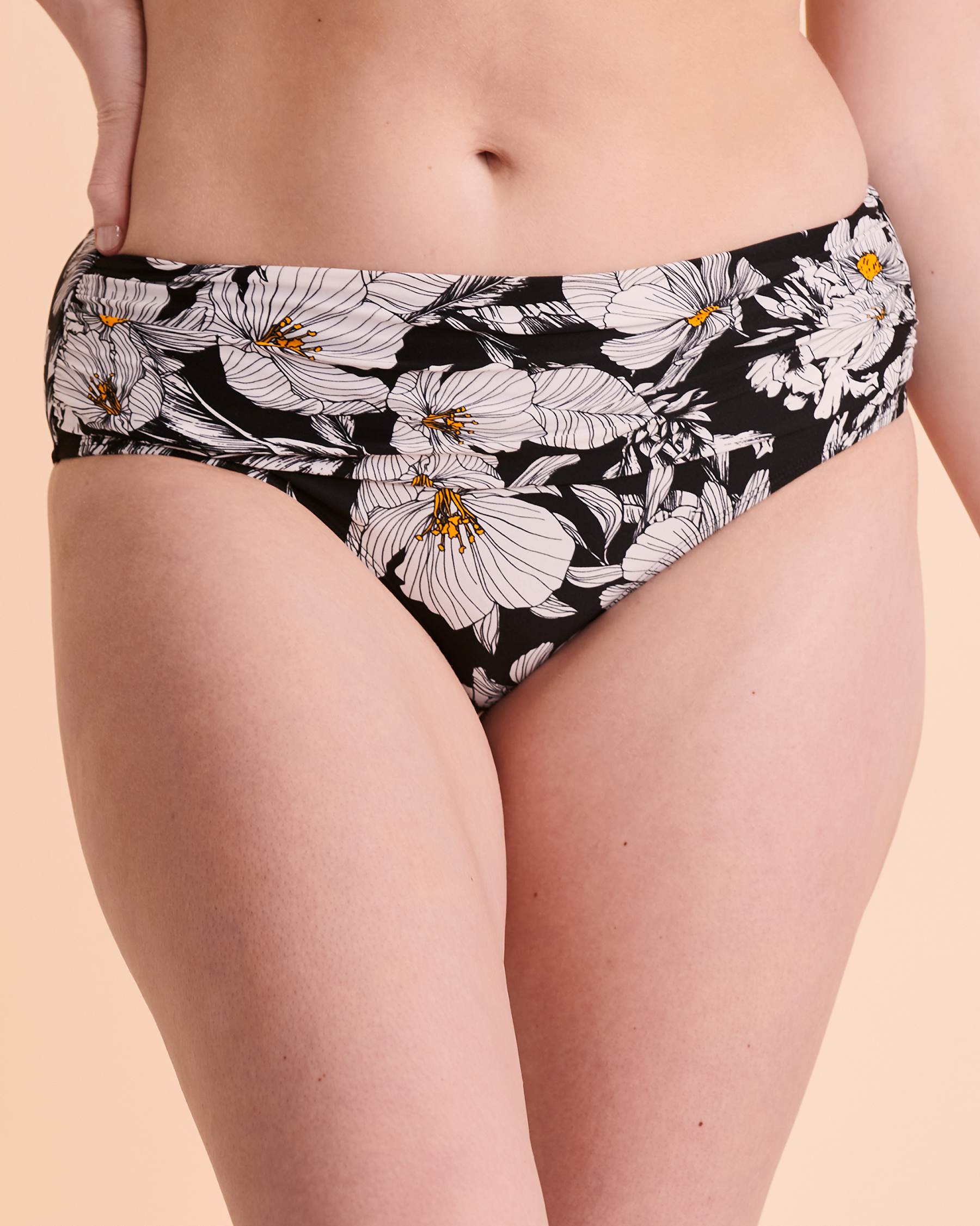 TURQUOISE COUTURE Bas de bikini bande de taille plissée FLORAL Fleurs blanches 01300069 - Voir3