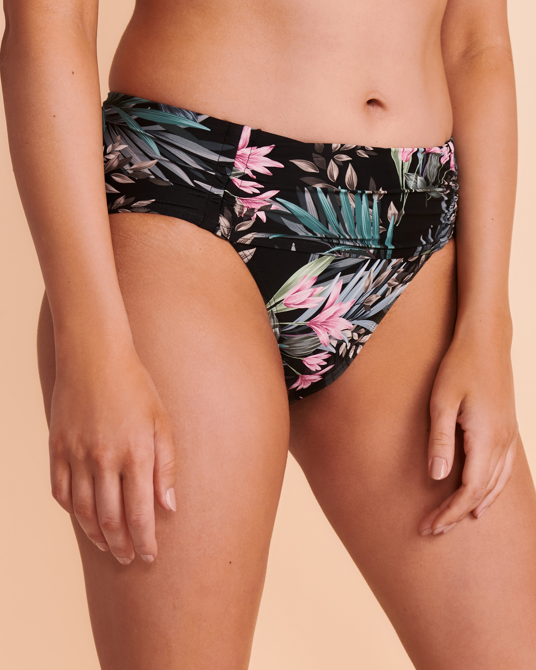 AZURA Bas de bikini bande de taille plissée SOFIA Floral noir SS31232 - Voir1