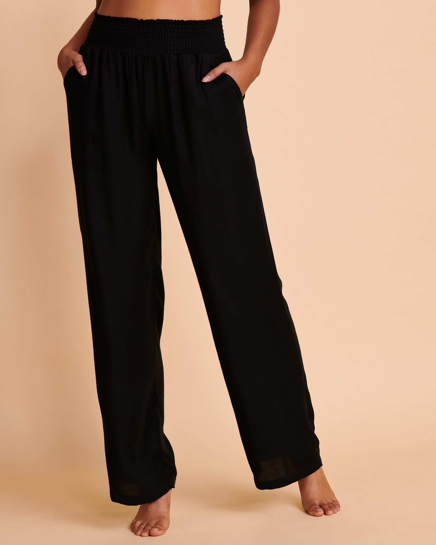 TROPIK Pantalon jambe large bande de taille lastique Noir