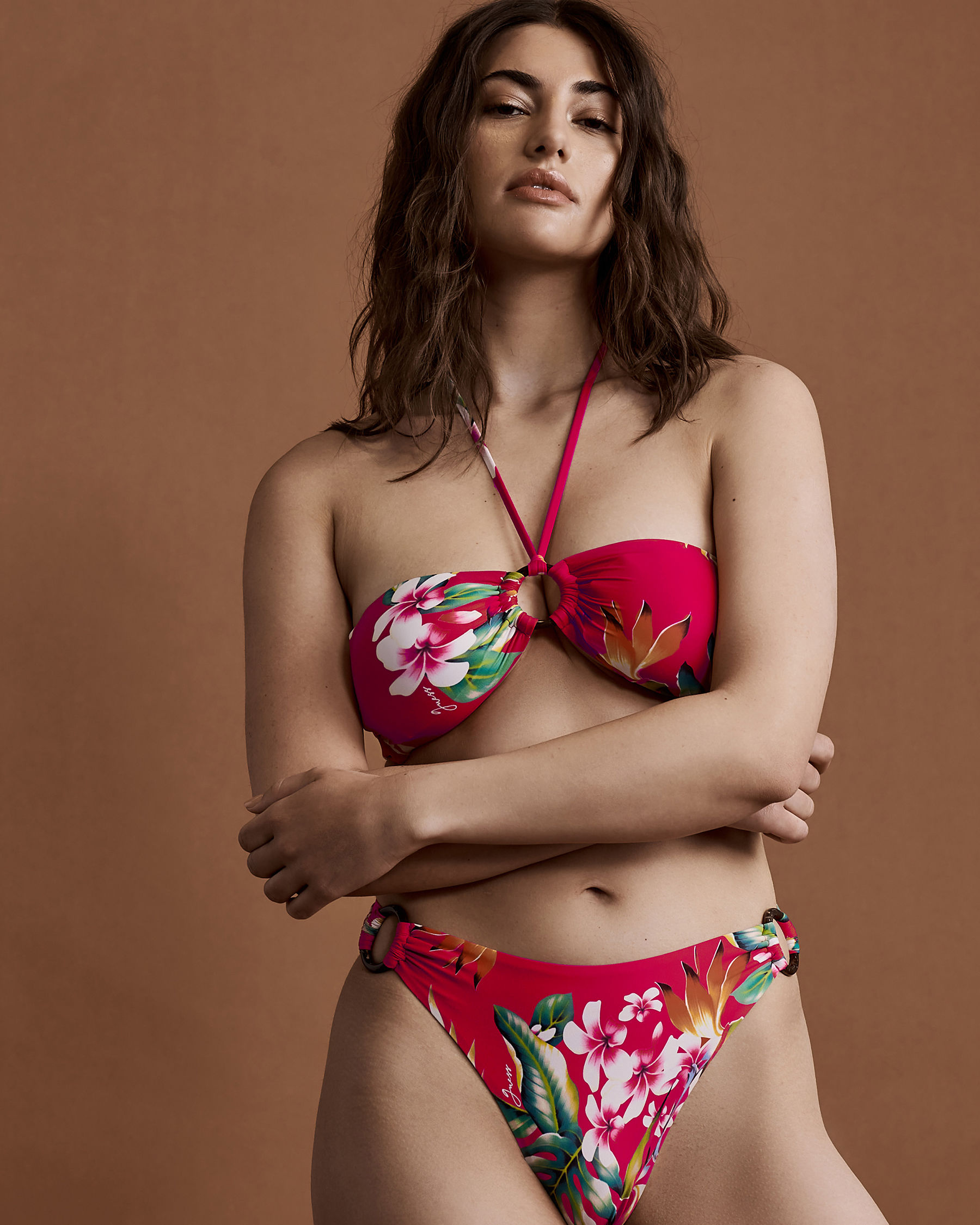 GUESS RED FLOWER Halter Bandeau Bikini Top Floral print Bikini